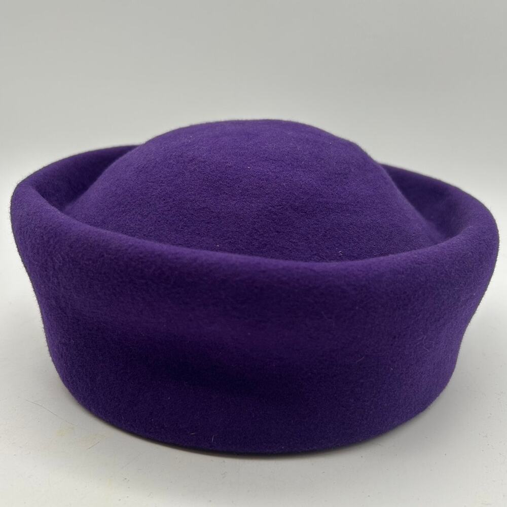 Vintage 80s Purple Wool Felt Pillbox Hat Olive Velvet Rosette Flowers 56cm Sz M - Picture 10 of 13
